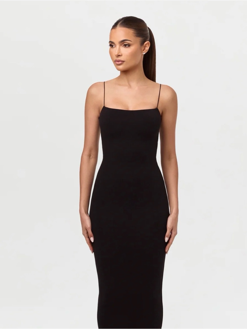 naked wardrobe medium Black Square-Neck Spaghetti-Strap Midi Dress